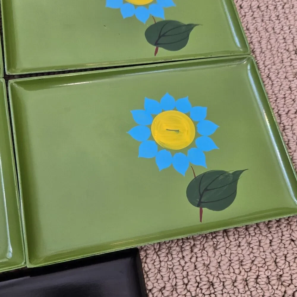 Set 5 Groovy Retro Avocado Green Trays Melamine Japan Mod Flower MCM Small 7.5x5
